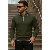 Comstar Erkek Trend Fermuarlı Uzun Kollu Haki Polo Yaka Kazak - 2XL