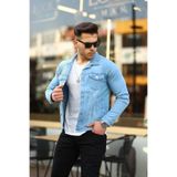 comstar Erkek Trend Polo Yaka Slim Fit Denim Jeans Buz Mavi Kot Ceket