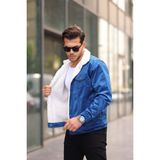 Comstar Kadife Içi Kürklü Ceket - Mavi - 2XL