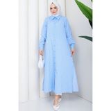 Comstar Kadın Boydan Düğmeli B.mavi Çizgili Tesettür Gömlek Elbise - 44 - Bebek Mavisi