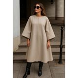Comstar Kadın Oversize Basic Uzun Premium Krem Kaşe Panço