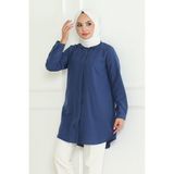 Comstar Kadın Uzun Basic Indigo Polo Yaka Tesettür Gömlek Elbise - 42 - İndigo