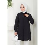 Comstar Kadın Uzun Basic Siyah Polo Yaka Tesettür Gömlek Elbise - 46
