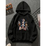 Comvicho ANIME008 Baskılı Kapşonlu Siyah Sweatshirt - XL