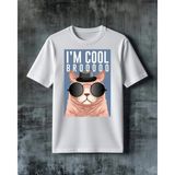Comvicho Im Cool Broo Kedi Gozluk Baskılı Oversize Tişört - Beyaz