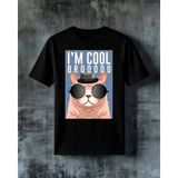 Comvicho Im Cool Broo Kedi Gozluk Baskılı Oversize Tişört - XL - Siyah