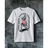 Comvicho Live Laugh Longboard Iskelet Baskılı Oversize Tişört - Beyaz