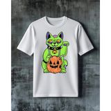 Comvicho Maneki Neko Halloween Baskılı Oversize Tişört - Beyaz