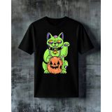 Comvicho Maneki Neko Halloween Baskılı Oversize Tişört - Siyah