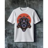 Comvicho Samurai Kara Kurt Baskılı Oversize Tişört - Beyaz