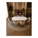Concept Ayz Home Lara Gold Serisi Krem-A.Gri Kumaş 6 Kişilik 90×168 Oval Beyaz Lake Panel Yemek Masası Takımı – Modern Luxury