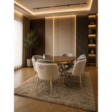 Concept Ayz Home Lara Gold Serisi Krem-A.gri Kumaş 6 Kişilik 90×168 Oval Ceviz Lake Panel Yemek Masası Takımı – Modern Luxury - Krem - Gri