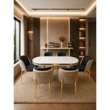 Concept Ayz Home Lara Gold Serisi Krem-Füme Kumaş 6 Kişilik 90×168 Oval Beyaz Lake Panel Yemek Masası Takımı – Modern Luxury