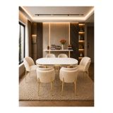 Concept Ayz Home Lara Gold Serisi Krem-Krem Kumaş 6 Kişilik 90×168 Oval Beyaz Lake Panel Yemek Masası Takımı – Modern Luxury