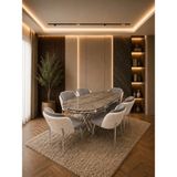Concept Ayz Home Lara Krom Serisi Krem-A.gri Kumaş 6 Kişilik 90×168 Oval Irony Lake Panel Yemek Masası Takımı – Modern Luxury - Krem - Gri