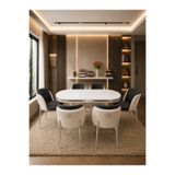 Concept Ayz Home Lara Krom Serisi Krem-Füme Kumaş 6 Kişilik 90×168 Oval Beyaz Lake Panel Yemek Masası Takımı – Modern Luxury