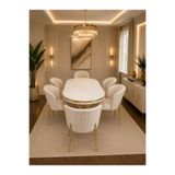 Concept Ayz Home Pera Gold Serisi 6 Kişilik Krem Kumaş 90*168 Beyaz Lake Panel Yemek Masası Takımı – Luxury Concept