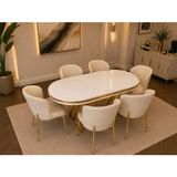 Concept Ayz Home Pera Gold Serisi 6 Kişilik Krem Kumaş 90*168 Beyaz Lake Panel Yemek Masası Takımı – Luxury Concept