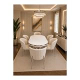 Concept Ayz Home Pera Krom Serisi 6 Kişilik Krem Kumaş 90*168 Beyaz Lake Panel Yemek Masası Takımı – Luxury Concept