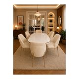 Concept Ayz Home Tokyo Gold Serisi Krem-Krem Kumaş 6 Kişilik 90×168 Oval Beyaz Lake Panel Yemek Masası Takımı – Modern Luxury