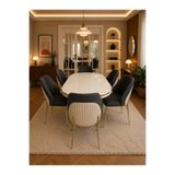 Concept Ayz Home Tokyo Gold Serisi Kumaş 6 Kişilik 90×168 Oval Beyaz Lake Panel Yemek Masası Takımı – Modern Luxury