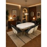 Concept Ayz Home Tokyo Krom Serisi Krem-Füme Kumaş 6 Kişilik 90×168 Oval Beyaz Lake Panel Yemek Masası Takımı – Modern Luxury
