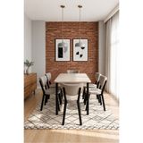 Concept Ayz Home Valoria Serisi 6 Kişilik 80x130 cm Traverten MDF Krem Kumaş Siyah İskelet Yemek ve Mutfak Masası Takımı