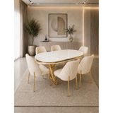 Concept Ayz Home Verona Gold Serisi 6 Kişilik Krem Kumaş 90*168 Beyaz Lake Panel Yemek Masası Takımı – Luxury Concept