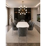 Concept Ayz Home Vienna Krom Serisi 6 Kişilik Gri Kumaş 90*168 Beyaz Lake Panel Yemek Masası Takımı – Luxury Concept