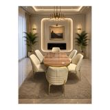 Concept Ayz Home Vİora Gold Serisi 6 Kişilik Krem Kumaş 90*168 Ceviz Lake Panel Yemek Masası Takımı – Luxury Concept