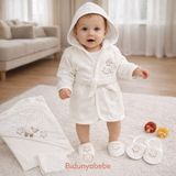 Concon Beyaz %100 Pamuklu 0-1 Yaş Bebek Bornoz Seti - 0 - 1 Yaş