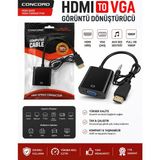 Concord Siyah Ses Kablo Destekli HDMI To VGA Kablo Monitör Tv Çevirici Dönüştürücü Kablo