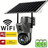 Conio 6mp Wifi Solar Çift Lens Ptz Kamera: 360° Dönebilen Panoramik, 7/24 Kayıt, Hareket Sensörlü Sesli ve Işıklı Alarm (Kırmızı+Mavi), Gece Görüş, Suya Dayanıklı - Siyah