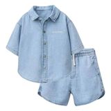 Connemara Erkek Çocuk Açık Mavi Denim Alt Üst Takım — Kısa Kollu Gömlek & Şort Set, Lastikli Bel, Günlük Yazlık Kombin - 3 - 4 Yaş - Baby Sketching