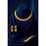Constanza Exclusive Altın Kaplama Hasır Choker Kolye Geniş Mesh Şık Kadın Gerdanlık Bileklik Küpe 3'lü Takı Seti Düğün