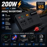 Coofbe 200W Araç İnverteri 12V 24V 220V Güç Dönüştürücü 2 Priz Pd30w Type-C Qc3.0 Hızlı Şarj Dijital Ekran