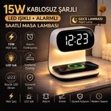 Coofbe 3ın1 15W Kablosuz Masaüstü Şarj Standı - Alarmlı Dijital Masa Saati- Ayarlanabilir Gece Lambası - Beyaz