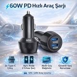 Coofbe Şarj Akım Korumalı 60W 2 Portlu Araç Şarj Aleti Araç Çakmaklık Şarj Aleti 2xtype-C Giriş 12V / 24V - Siyah