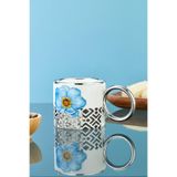 Cooker 200 ml Çiçek Desenli Gümüş Kulplu Porselen Kupa Bardak, Mavi