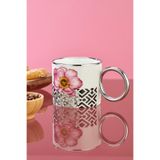 Cooker 200 ml Çiçek Desenli Gümüş Kulplu Porselen Kupa Bardak, Pembe