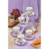 Cooker Çiçekli Yaldız 6 Kişilik 180 ml Porselen Çay ve Kahve Fincan Takımı, Mor