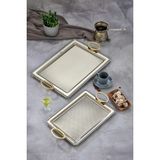 Cooker Dikdörtgen Model Lüx Metal 2’li Sunum Tepsisi – Altın Kulplu Şık Çay Tepsisi, Kahve ve Nişan Sunum Tepsisi Seti (35X25 cm ve 44X32 Cm) - Gümüş