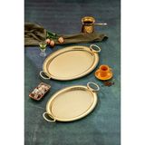 Cooker Oval Model Lüx Metal 2’li Sunum Tepsisi – Şık Kulplu Çay Tepsisi, Kahve ve Nişan Sunum Tepsisi Seti (37X28 cm ve 44X33 Cm) - Altın