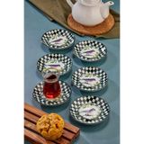 Cooker Özel Seri 12,5 cm Porselen Alaçatı Desenli 6'lı Çay Tabağı Seti, Siyah