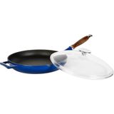 Cookware Dökme Demir Emaye Kızartma Tavası Cam Kapaklı ve Ahşap Sap, Yuvarlak, 28 Cm, Mavi - Çok Renkli