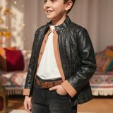 Cool Exclusive Erkek Çocuk 5 Parça Şık Bayramlık Takım | Deri Ceket, Gömlek, T-Shirt, Pantolon ve Kemer - Siyah - Kahve - Bej - 5 Yaş
