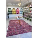 Cool Halı Private Fuşya Eskitme Vintage Halı Çiçek Desenli Otantik Dokuma Şönil Halı Salon Halısı