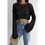 Cool & Sexy Bohem Siyah Dantel Crop Bluz – Uzun Kollu Bol Kesim