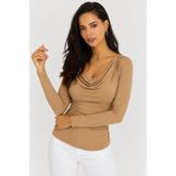 Cool & Sexy Degaje Yaka Uzun Kollu Esnek Sandy Kadın Bluz