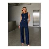 Cool & Sexy Düğme Detaylı Denim Yelek & Pantolon Takım – Lacivert
